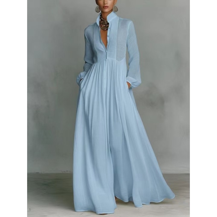 Womens Elegant Single Breasted Long Dress 2026 French High Waist Solid Pockets Pleat