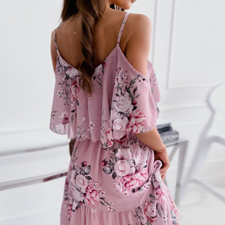 Woman Dress 2025 Summer Floral Printed  Spaghetti Strap Off Shoulder Dress Casual Lad