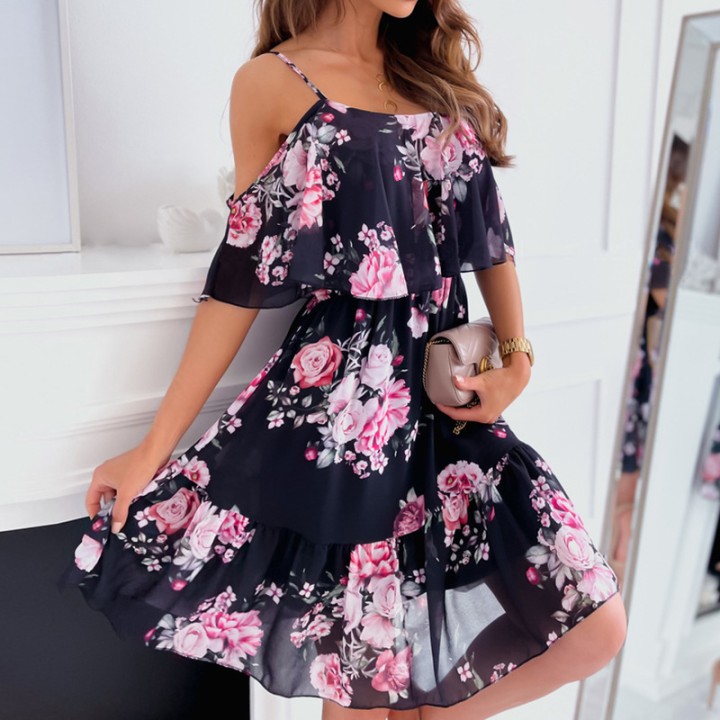 Woman Dress 2025 Summer Floral Printed  Spaghetti Strap Off Shoulder Dress Casual Lad