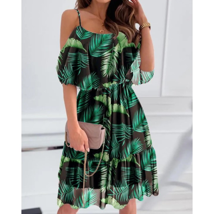Woman Dress 2025 Summer Floral Printed  Spaghetti Strap Off Shoulder Dress Casual Lad