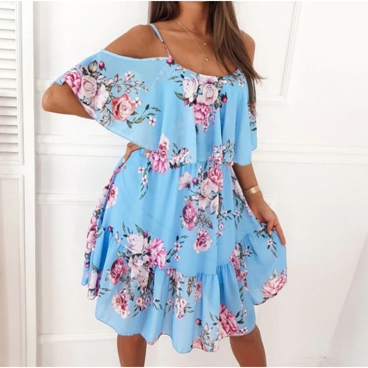 Woman Dress 2025 Summer Floral Printed  Spaghetti Strap Off Shoulder Dress Casual Lad