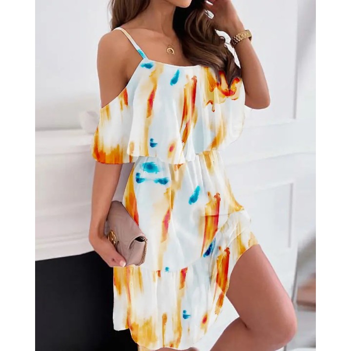 Woman Dress 2025 Summer Floral Printed  Spaghetti Strap Off Shoulder Dress Casual Lad