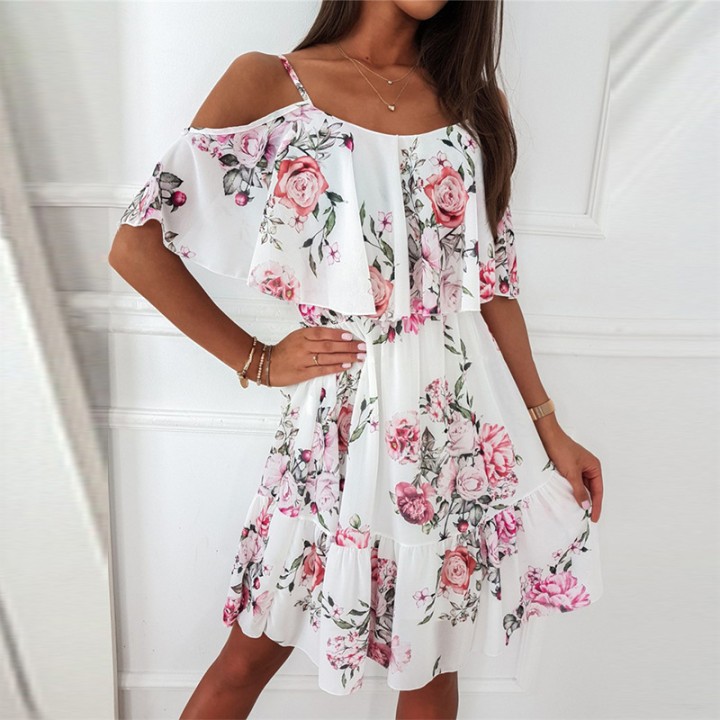 Woman Dress 2025 Summer Floral Printed  Spaghetti Strap Off Shoulder Dress Casual Lad
