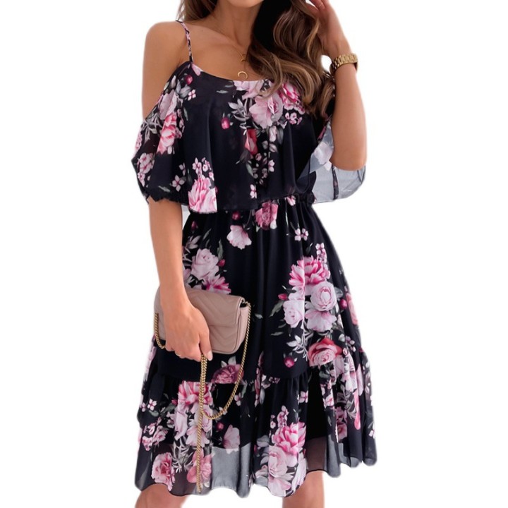 Woman Dress 2025 Summer Floral Printed  Spaghetti Strap Off Shoulder Dress Casual Lad