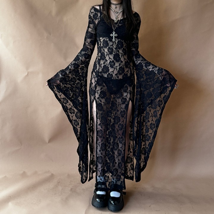 Egirl Goth Punk Bodycon Slip Dress Women Sheer Lace Maxi Dress Bat Long Sleeve Y2k Fa