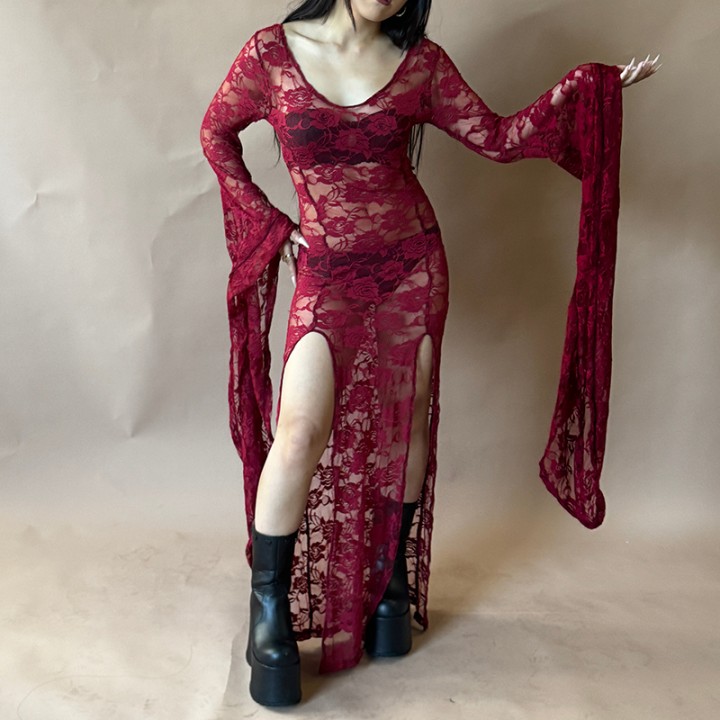 Egirl Goth Punk Bodycon Slip Dress Women Sheer Lace Maxi Dress Bat Long Sleeve Y2k Fa