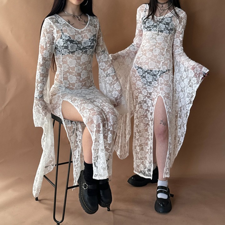 Egirl Goth Punk Bodycon Slip Dress Women Sheer Lace Maxi Dress Bat Long Sleeve Y2k Fa