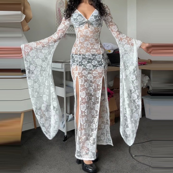 Egirl Goth Punk Bodycon Slip Dress Women Sheer Lace Maxi Dress Bat Long Sleeve Y2k Fa