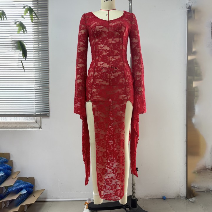 Egirl Goth Punk Bodycon Slip Dress Women Sheer Lace Maxi Dress Bat Long Sleeve Y2k Fa