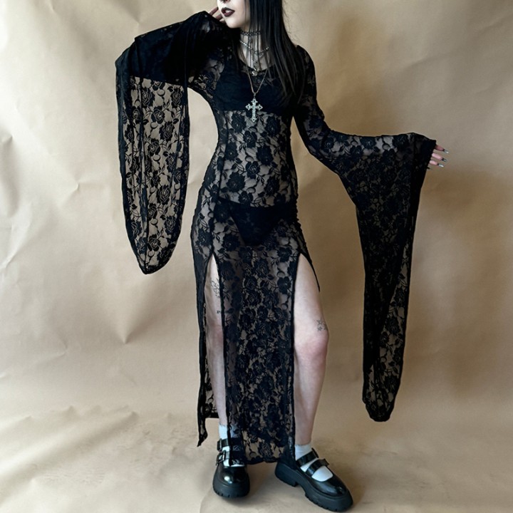 Egirl Goth Punk Bodycon Slip Dress Women Sheer Lace Maxi Dress Bat Long Sleeve Y2k Fa