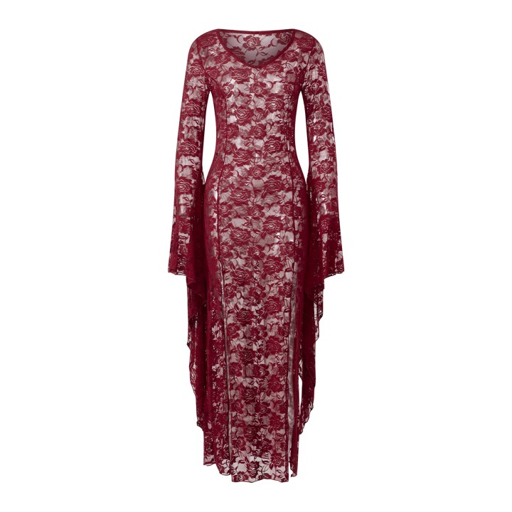 Egirl Goth Punk Bodycon Slip Dress Women Sheer Lace Maxi Dress Bat Long Sleeve Y2k Fa
