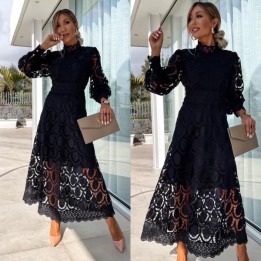 Woman Lady Female  Girl Hollowed Out Long Sleeved Stand Up Collar Lace Dress Flower C