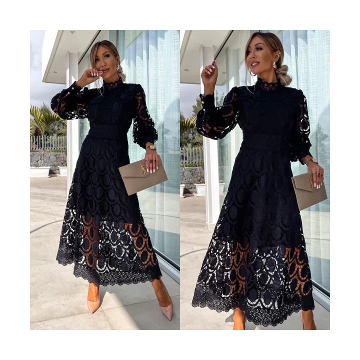 Woman Lady Female  Girl Hollowed Out Long Sleeved Stand Up Collar Lace Dress Flower C