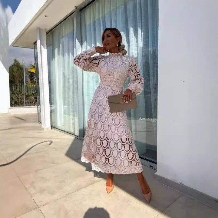 Woman Lady Female  Girl Hollowed Out Long Sleeved Stand Up Collar Lace Dress Flower C