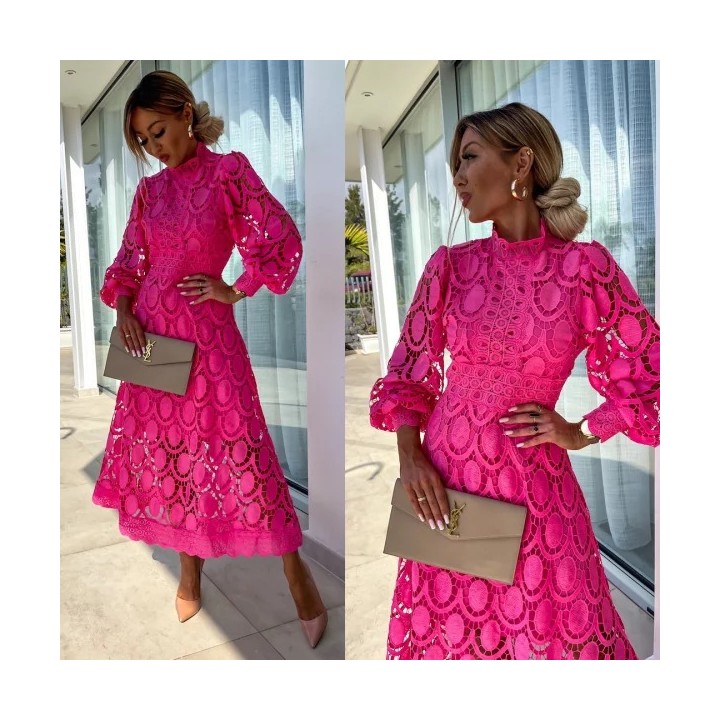Woman Lady Female  Girl Hollowed Out Long Sleeved Stand Up Collar Lace Dress Flower C