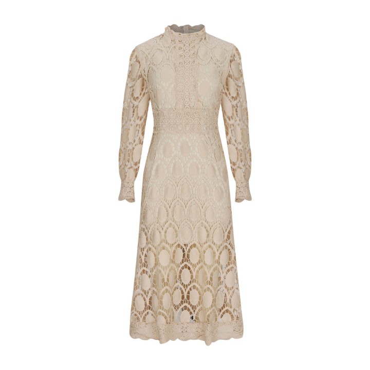 Woman Lady Female  Girl Hollowed Out Long Sleeved Stand Up Collar Lace Dress Flower C