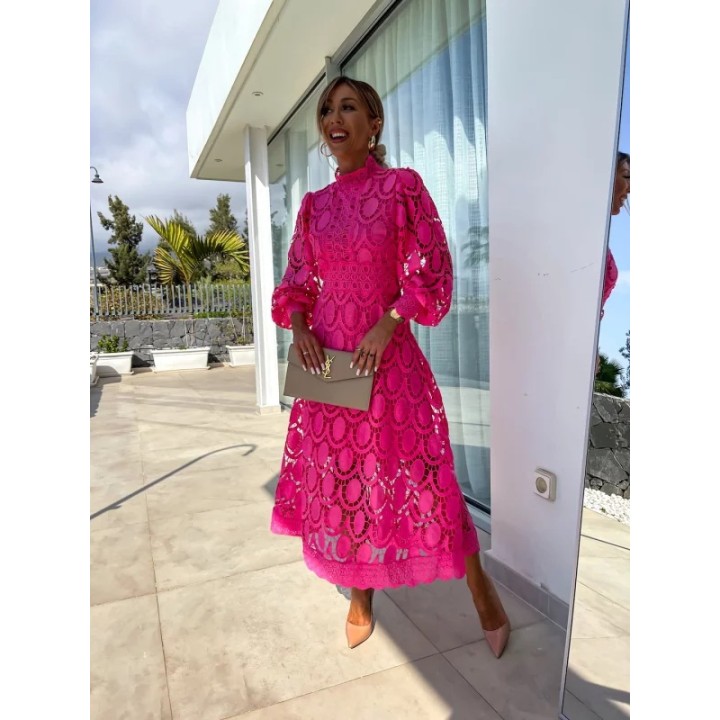 Woman Lady Female  Girl Hollowed Out Long Sleeved Stand Up Collar Lace Dress Flower C