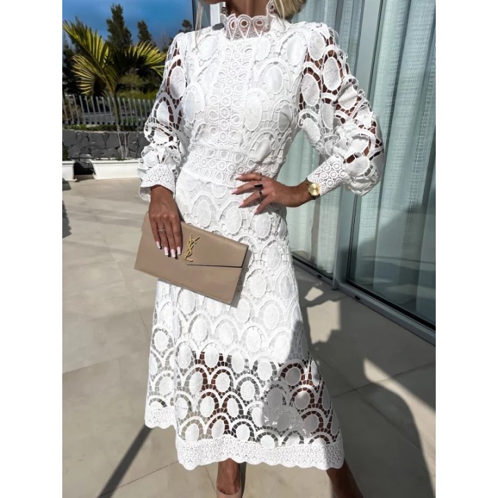 Woman Lady Female  Girl Hollowed Out Long Sleeved Stand Up Collar Lace Dress Flower C