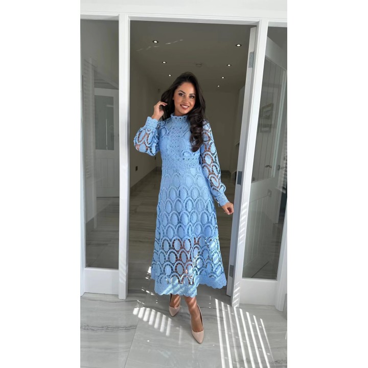 Woman Lady Female  Girl Hollowed Out Long Sleeved Stand Up Collar Lace Dress Flower C