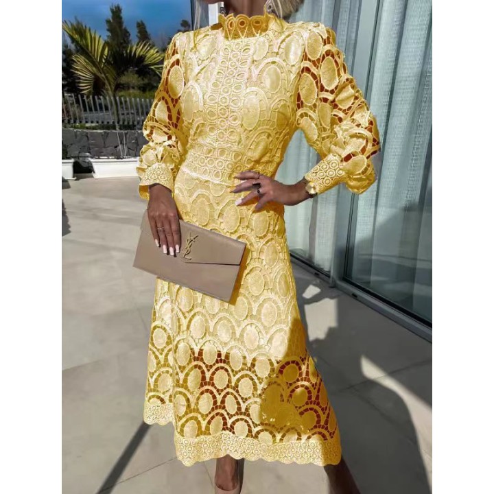 Woman Lady Female  Girl Hollowed Out Long Sleeved Stand Up Collar Lace Dress Flower C