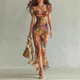 2026 New Model: Women’s Printed Vneck, Slimfit, Floral Hem, Elegant, Long Dress