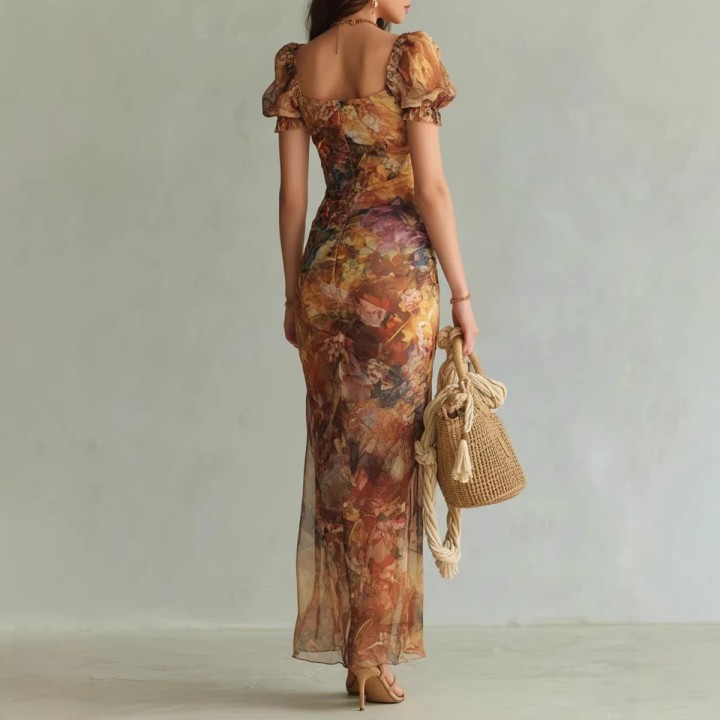 2026 New Model: Women’s Printed Vneck, Slimfit, Floral Hem, Elegant, Long Dress