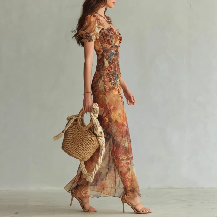 2026 New Model: Women’s Printed Vneck, Slimfit, Floral Hem, Elegant, Long Dress