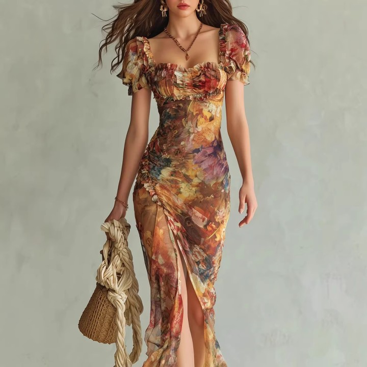 2026 New Model: Women’s Printed Vneck, Slimfit, Floral Hem, Elegant, Long Dress