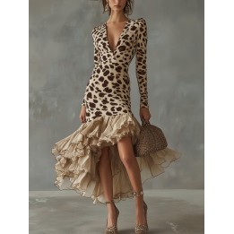 New Dress Leopard Print Splicing Ruffle Dress For Women Fashion Elegant Casual Vneck 