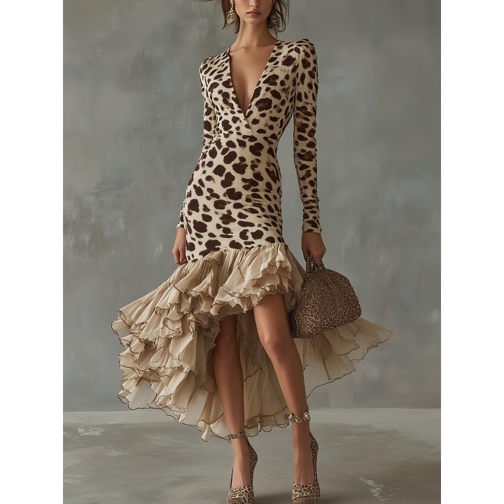 New Dress Leopard Print Splicing Ruffle Dress For Women Fashion Elegant Casual Vneck 