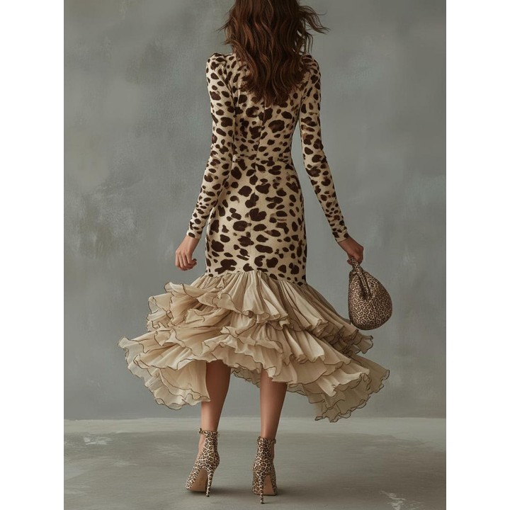 New Dress Leopard Print Splicing Ruffle Dress For Women Fashion Elegant Casual Vneck 