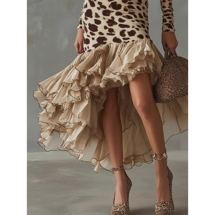 New Dress Leopard Print Splicing Ruffle Dress For Women Fashion Elegant Casual Vneck 