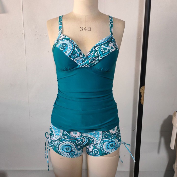 2pcs Women Tankini Swimsuit Print V Neck Tummy Control Swim Top Drawstring Boyshort B