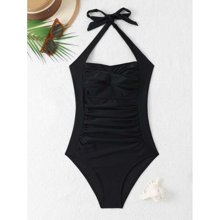 Womens  Solid Halter One Piece Swimsuit Backless Push Up Tummy Control Bathing Suit 