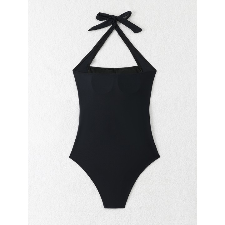 Womens  Solid Halter One Piece Swimsuit Backless Push Up Tummy Control Bathing Suit 