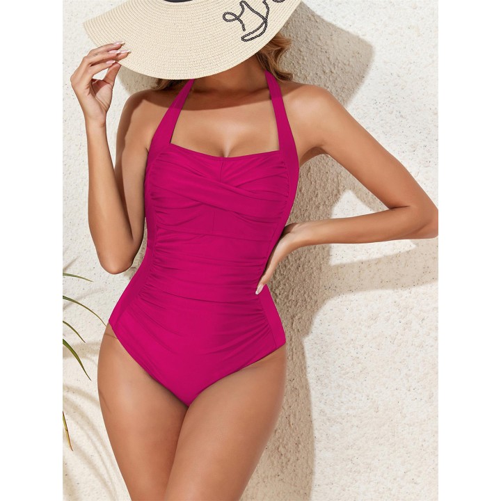 Womens  Solid Halter One Piece Swimsuit Backless Push Up Tummy Control Bathing Suit 