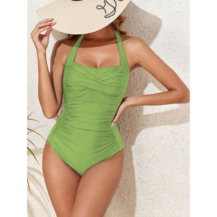 Womens  Solid Halter One Piece Swimsuit Backless Push Up Tummy Control Bathing Suit 