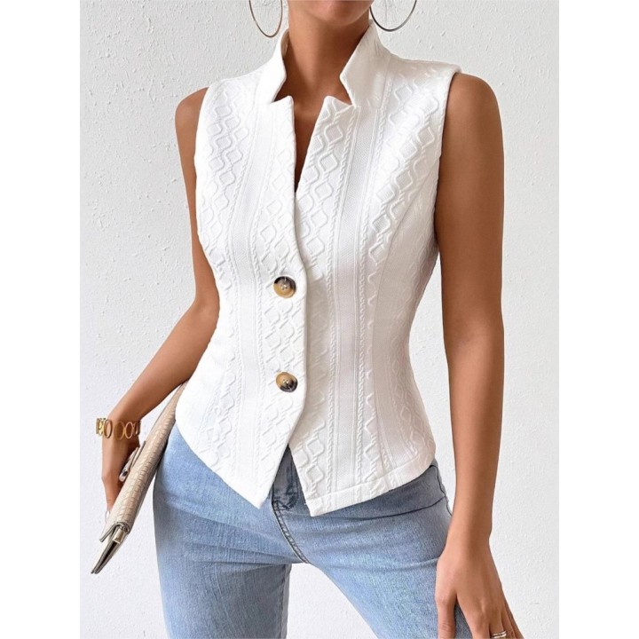 Fashion Standup Collar Button Sleeveless Slim Fit Womens Vest Summer Solid Color Cas
