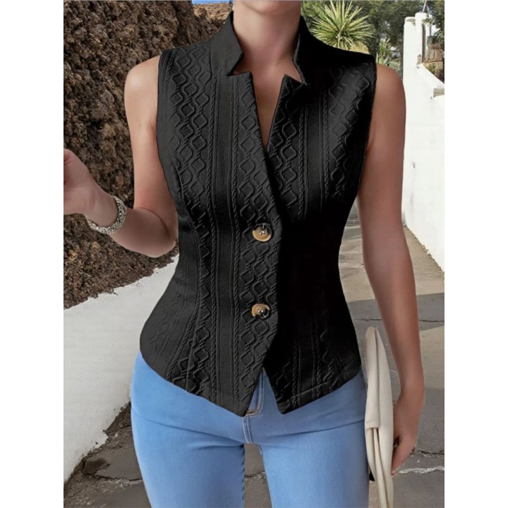 Fashion Standup Collar Button Sleeveless Slim Fit Womens Vest Summer Solid Color Cas