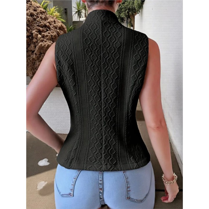 Fashion Standup Collar Button Sleeveless Slim Fit Womens Vest Summer Solid Color Cas