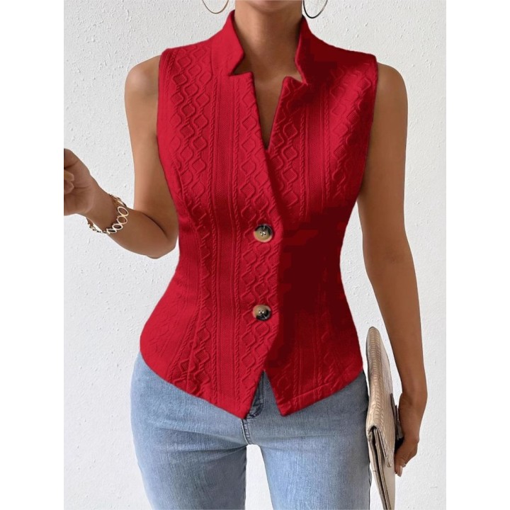 Fashion Standup Collar Button Sleeveless Slim Fit Womens Vest Summer Solid Color Cas