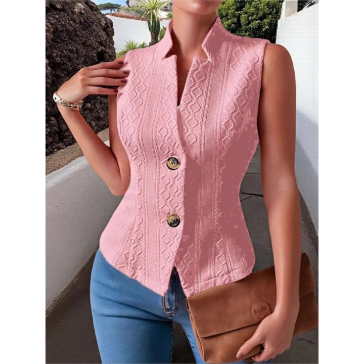 Fashion Standup Collar Button Sleeveless Slim Fit Womens Vest Summer Solid Color Cas