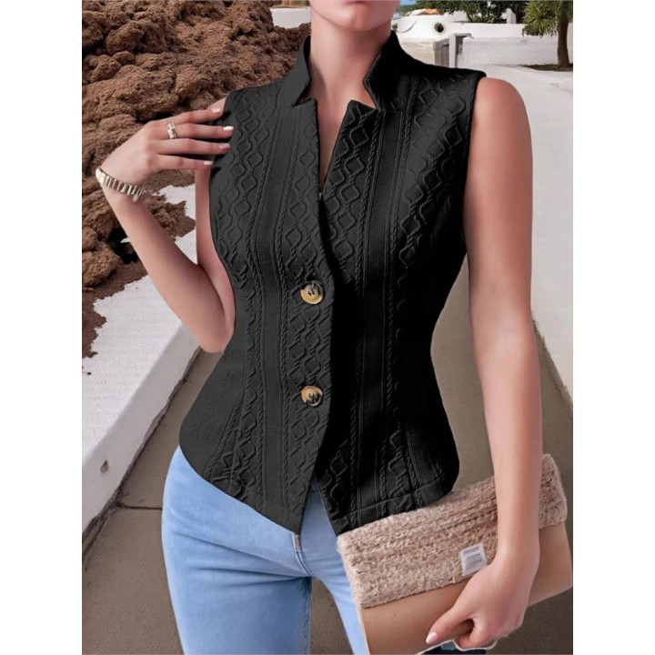 Fashion Standup Collar Button Sleeveless Slim Fit Womens Vest Summer Solid Color Cas
