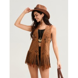 Womens Summer Tassel Vest Coat Hollow Out Flower Sleeveless Cardigans Jacket Cowgirl