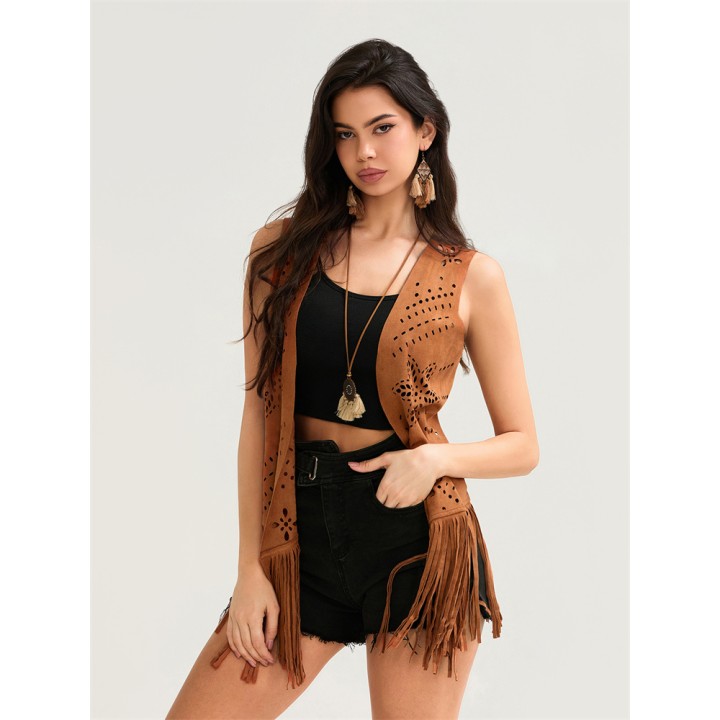 Womens Summer Tassel Vest Coat Hollow Out Flower Sleeveless Cardigans Jacket Cowgirl