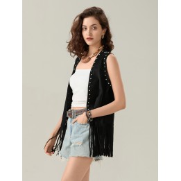 Womens Tassel Vest Coat Rivet Open Front Sleeveless Long Jacket Hippie Streetwear Y2