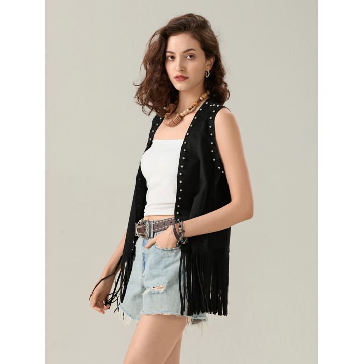 Womens Tassel Vest Coat Rivet Open Front Sleeveless Long Jacket Hippie Streetwear Y2