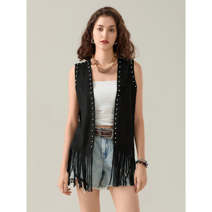 Womens Tassel Vest Coat Rivet Open Front Sleeveless Long Jacket Hippie Streetwear Y2
