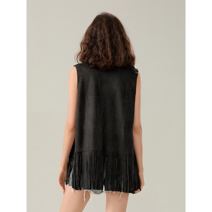 Womens Tassel Vest Coat Rivet Open Front Sleeveless Long Jacket Hippie Streetwear Y2