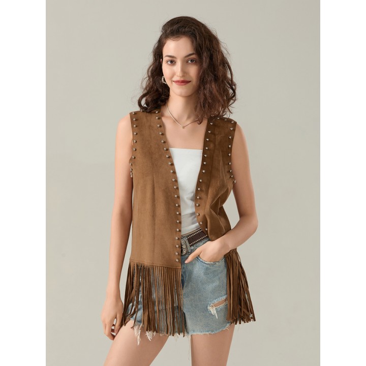 Womens Tassel Vest Coat Rivet Open Front Sleeveless Long Jacket Hippie Streetwear Y2